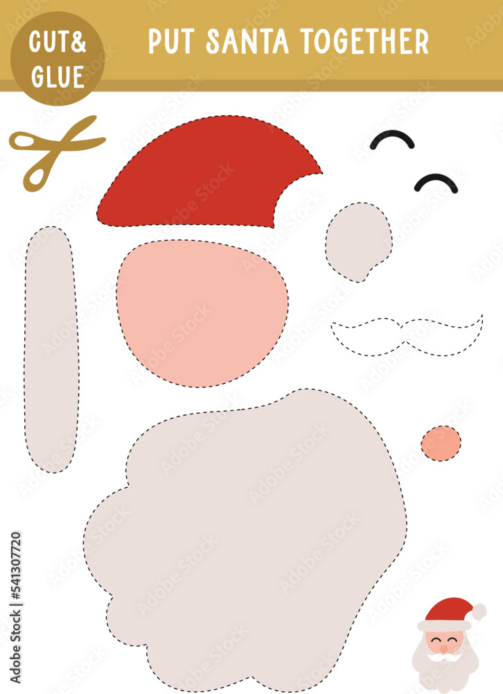 Christmas winter Santa Claus printable activity sheet page for kids. Cut and glue. Put Santa together.