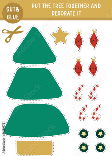 Christmas winter printable activity sheet page for kids. Cut and glue. Decorate Christmas tree. 