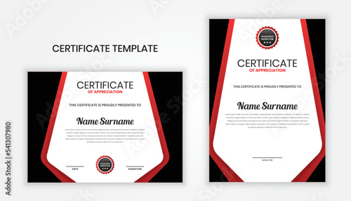 Clean modern black and red certificate of appreciation template design, for award, diploma, completion. Vector template EPS 10