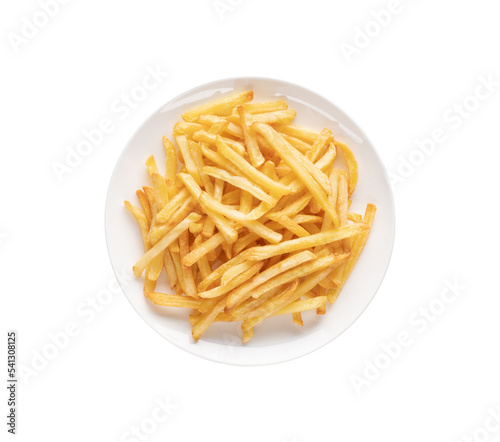 Plate of French fries, potato sticks on white background with PNG.