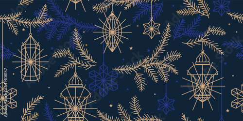 Abstract New Year pattern. Golden christmas decor and lantern
 on dark blue background. Seamless ornament for decor, wallpaper, gift paper and design of New Year's souvenirs