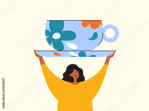 Woman holding huge blue floral ceramic cup hot drink. Female raised above self big mug. Tea time, morning beverage, coffee break. Drinking cup and saucer in girl hands. Tea party vector illustration