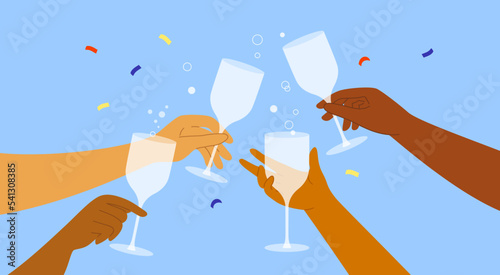 Vector illustration of diversity male or female hands holding champagne or wine glass. People hold cocktail drink. Cheers, celebration, festivity new year, birthday party. Anniversary, holiday event
