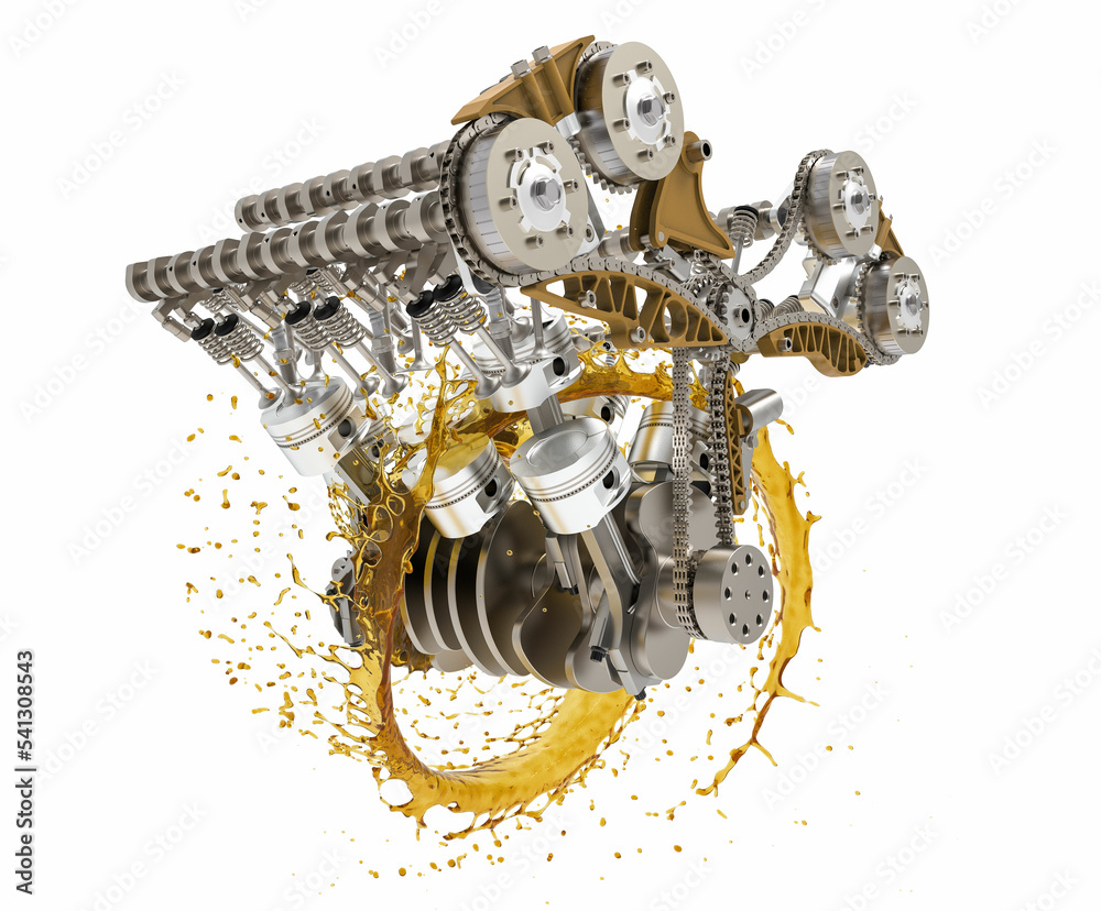 gearbox of an open engine with sprockets, shafts, gearwheels, transmission  of a combustion engine, car parts, mechanics - a Royalty Free Stock Photo  from Photocase