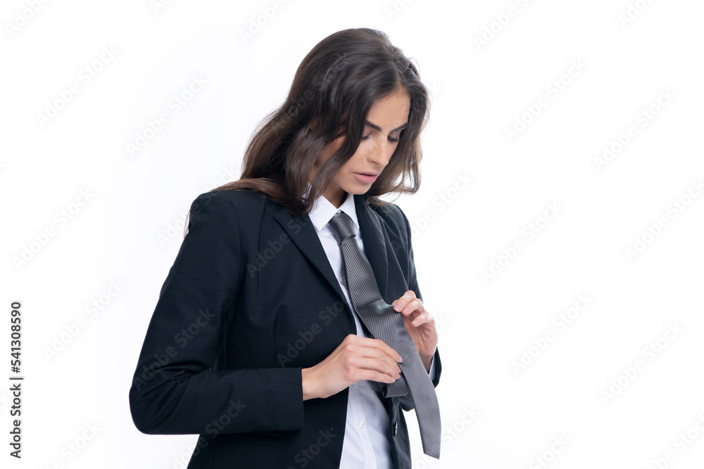 Business woman in suit and tie. Confident female entrepreneur. Businesswoman correct necktie, prepare for business meeting. Portrait of attractive elegant fixing suit isolated on white background. Business woman in suit and tie. Confident female entrepreneur. Businesswoman correct necktie, prepare for business meeting. Portrait of attractive elegant fixing suit isolated on white background.