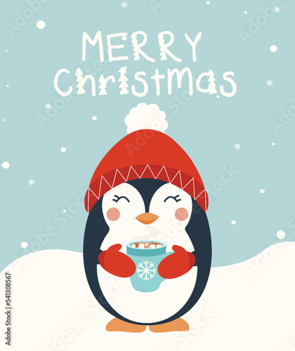 Christmas 2023 greeting card with cartoon baby penguin