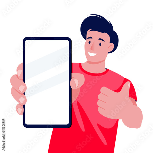 Man holds thumb up and showing smartphone blank screen. Vector illustration. Mockup design element with place for text