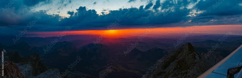 High resolution stitched panorama sunset at the famous Saentis summit, Schwaegalp, Appenzell, Alpstein, Switzerland High resolution stitched panorama sunset at the famous Saentis summit, Schwaegalp, Appenzell, Alpstein, Switzerland