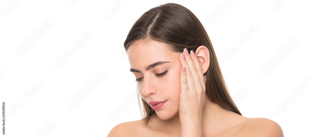 Woman beauty face, close up portrait, isolated banner with copy space. smooth and soft female skin. woman touch smooth face. young girl with bare shoulders. Woman beauty face, close up portrait, isolated banner with copy space. smooth and soft female skin. woman touch smooth face. young girl with bare shoulders.