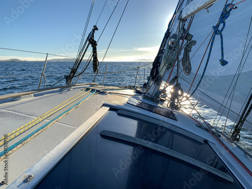 sea view from the deck of a white sailing yacht  cruise travel concept  sea vacation