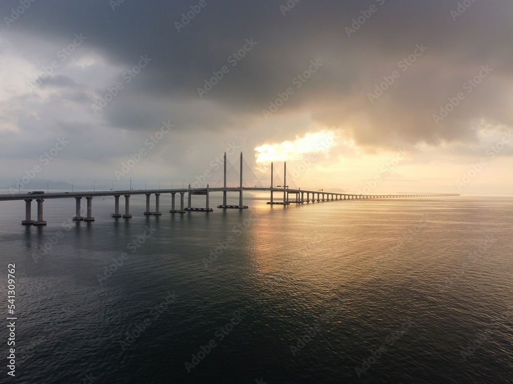 Sunrise hour over morning low cloud at Penang Second Bridge Sunrise hour over morning low cloud at Penang Second Bridge