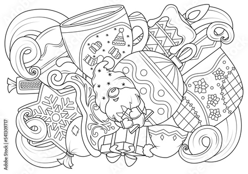 Doodle coloring for children on the theme of Christmas with a gnome in the middle. Funny elements of New Year holidays. Vector illustration