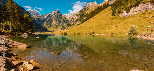 High resolution stitched panorama with reflections at the famous Seealpsee lake, Innerrhoden, Appenzell, Alpstein, Switzerland
