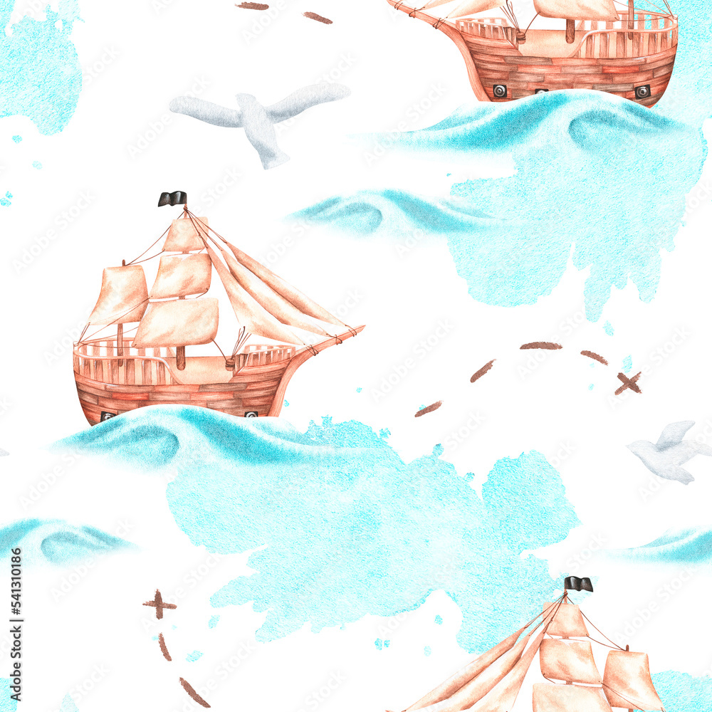 Seamless pattern ship in the sea and seagulls.Watercolor illustration.Isolated on a white background