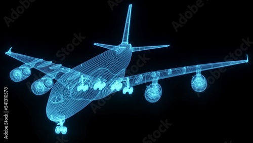 3D rendering illustration aeroplane blueprint glowing neon hologram futuristic show technology security for premium product business finance 