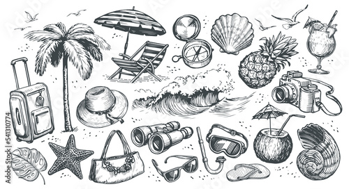 Travel set sketch. Drawn collection elements. Vacation on beach, sea adventure concept. Journey vintage illustration