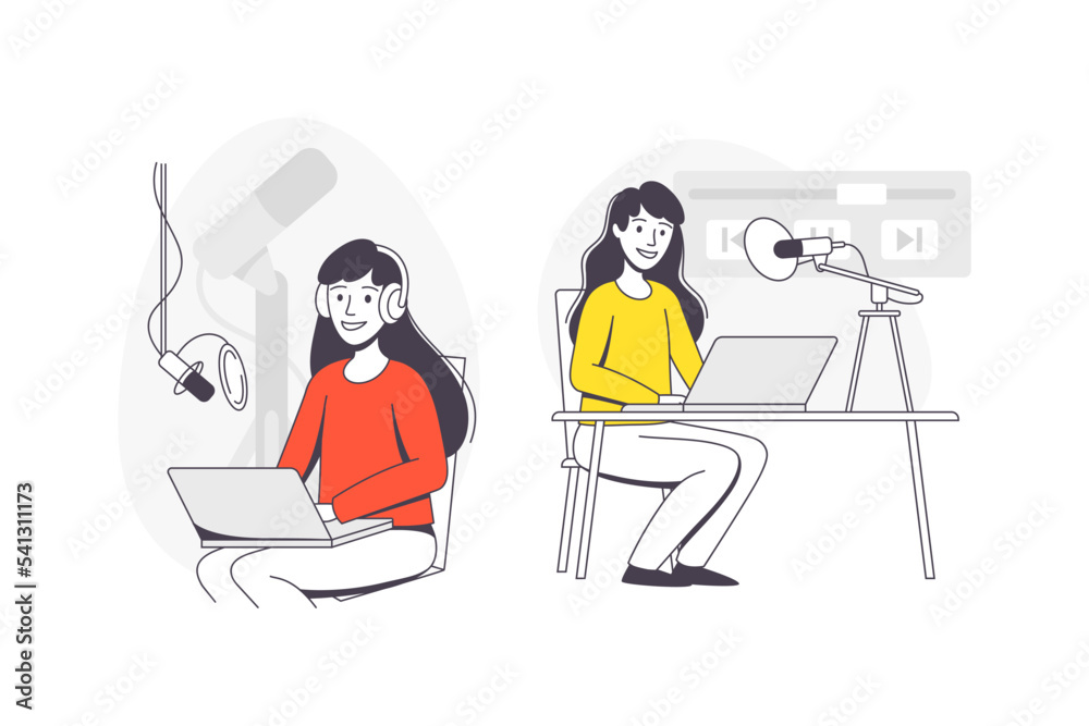 Podcast Recording with Young Woman with Microphone Broadcasting and Live Streaming Outline Vector Set