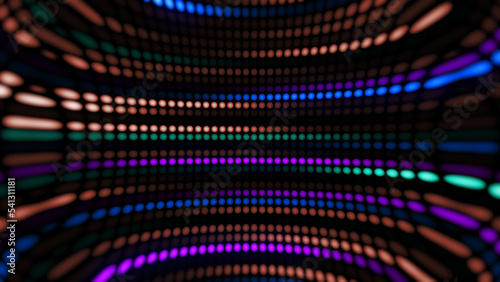 3D rendering of an amazing bright neon background of round lights lined up with smooth color and light gradient transitions 