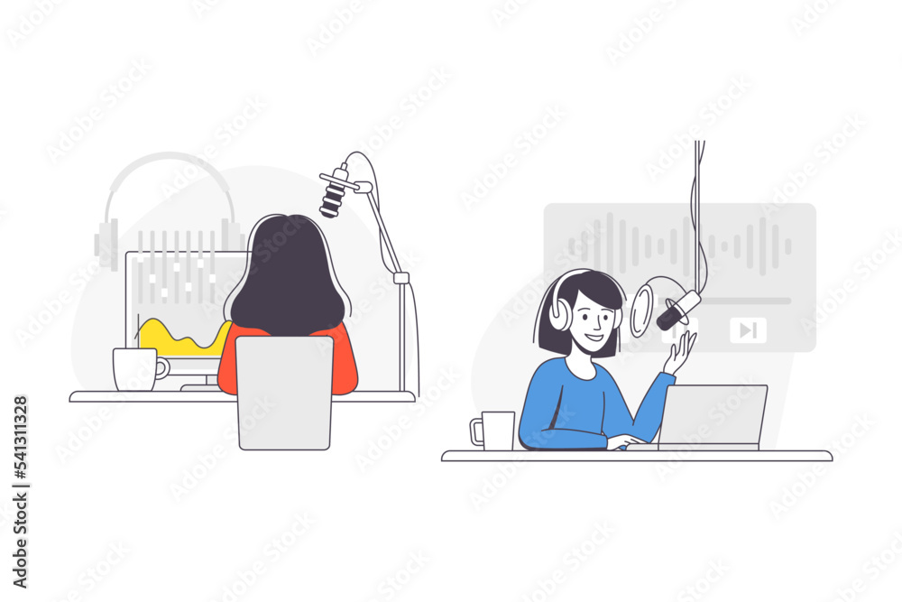 Podcast Recording with Young Woman with Microphone Broadcasting and Live Streaming Outline Vector Set Podcast Recording with Young Woman with Microphone Broadcasting and Live Streaming Outline Vector Set