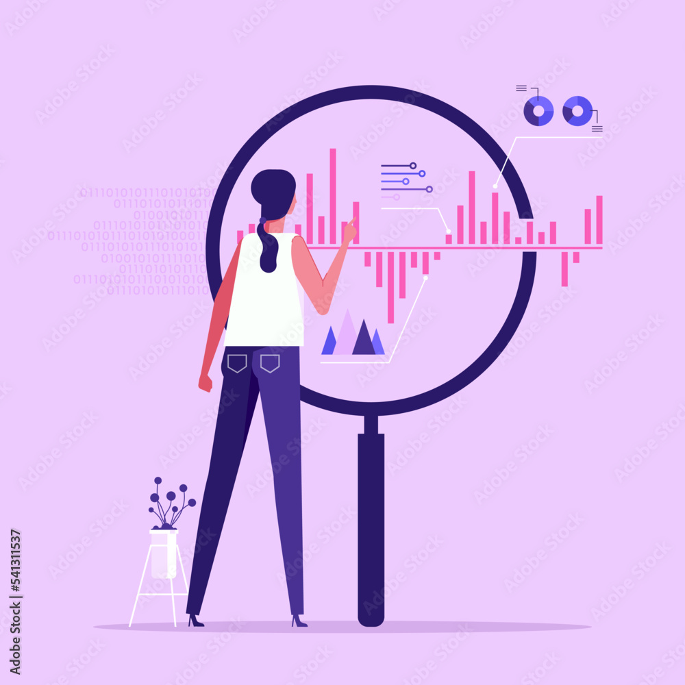 Analyst looking at digits and diagrams through magnifying glass. Concept of big data analysis, business analytics, statistical research. flat vector illustration for banner, poster - obrazy, fototapety, plakaty 