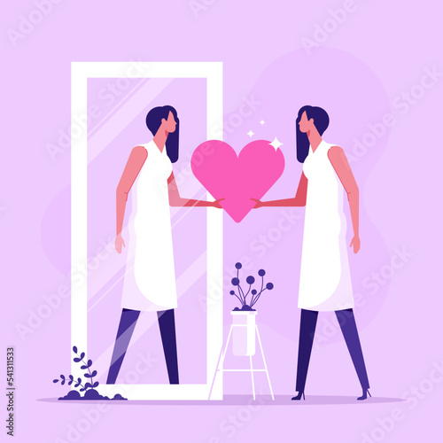 Woman looks at her reflection in mirror, expressing self love and care. Love yourself. Love your body. I love myself. Body positive concept. Modern flat cartoon style. Vector illustration
