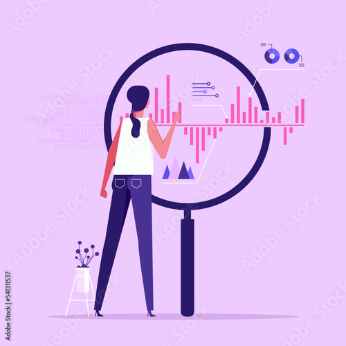 Analyst looking at digits and diagrams through magnifying glass. Concept of big data analysis, business analytics, statistical research. flat vector illustration for banner, poster