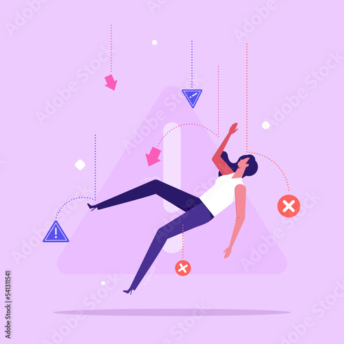 Falling woman surrounded by caution signs. Concept of business or entrepreneurship failure, defeat or fiasco, career crisis, fail at work, flat vector illustration
