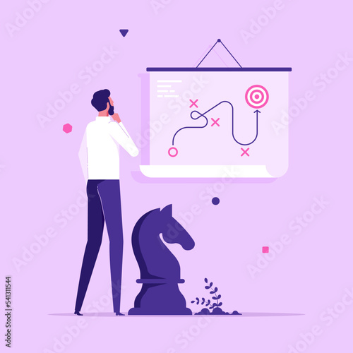 Entrepreneur making presentation, whiteboard with scheme and chess piece. Concept of business tactics or strategy, corporate strategic development plan, flat vector illustration photo