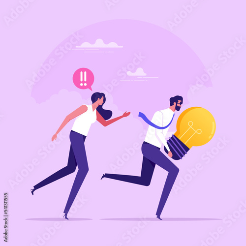 Creator chasing thief or robber holding lightbulb. Concept of borrowing or stealing creative ideas or intellectual property, copyright infringement, flat vector illustration