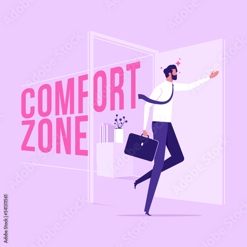 Office worker, entrepreneur or businessman with briefcase walking out open door. Concept of escaping comfort zone, step to success, personal development, flat vector illustration