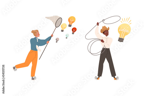 Man with Light Bulb as Smart Idea and Solution Vector Set