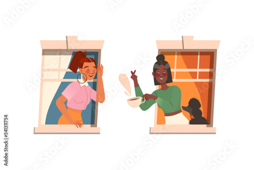 Woman in Open Window Talking to Neighbor Vector Set