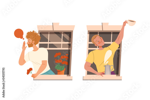 Man in Open Window Talking to Neighbor and Giving Cup Vector Set