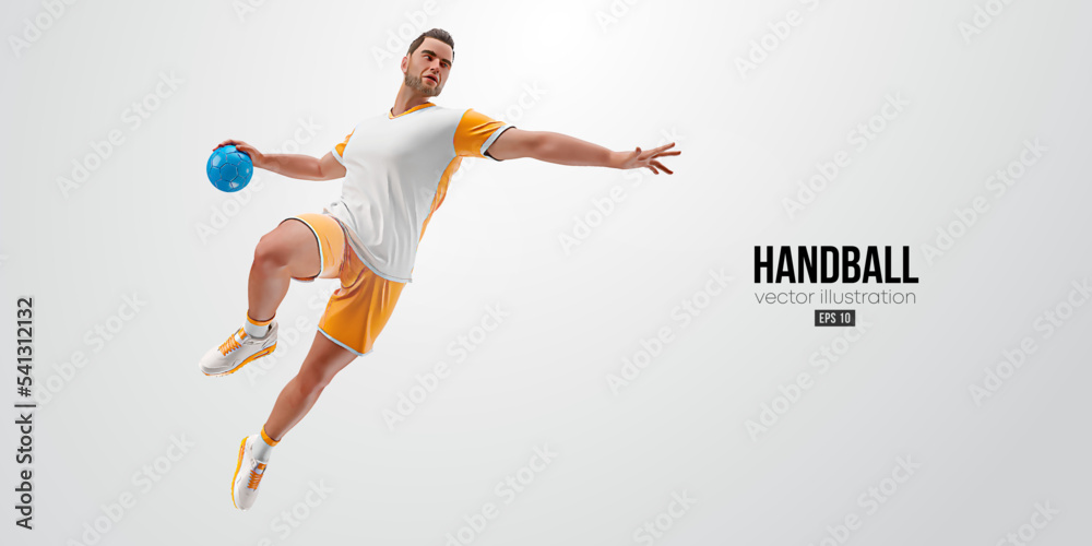 Realistic silhouette of a handball player on white background. Handball player man are throws the ball. Vector illustration
