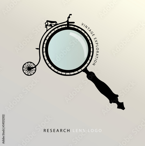 Vintage magnifying glass icon. Old steampunk bicycle, symbol or logo for web exploration concept 