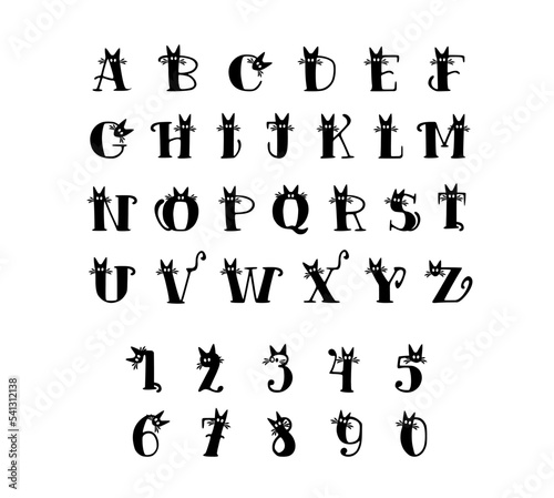 Cat alphabet - vector set of latin letters and numbers  in shape of cats