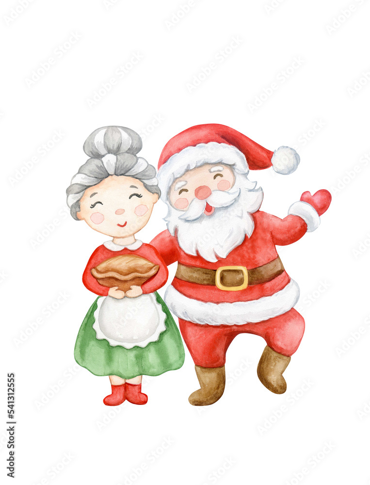 Family Christmas set. Santa Claus and wife Mrs. Claus under isolated on white background. Watercolor. Romantic tradition. Christmas character design Family Christmas set. Santa Claus and wife Mrs. Claus under isolated on white background. Watercolor. Romantic tradition. Christmas character design