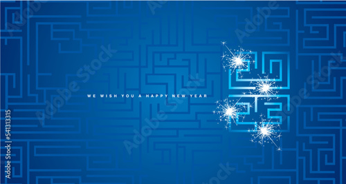 Happy New Year 2023 white blue cyberspace high tech typography greek mystic meander ornament labyrinth with sparkler firework abstract pattern blue background