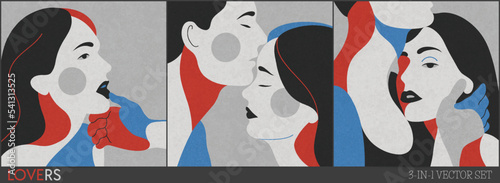 People in love. Set of portraits of lovers couple. Colored spots face