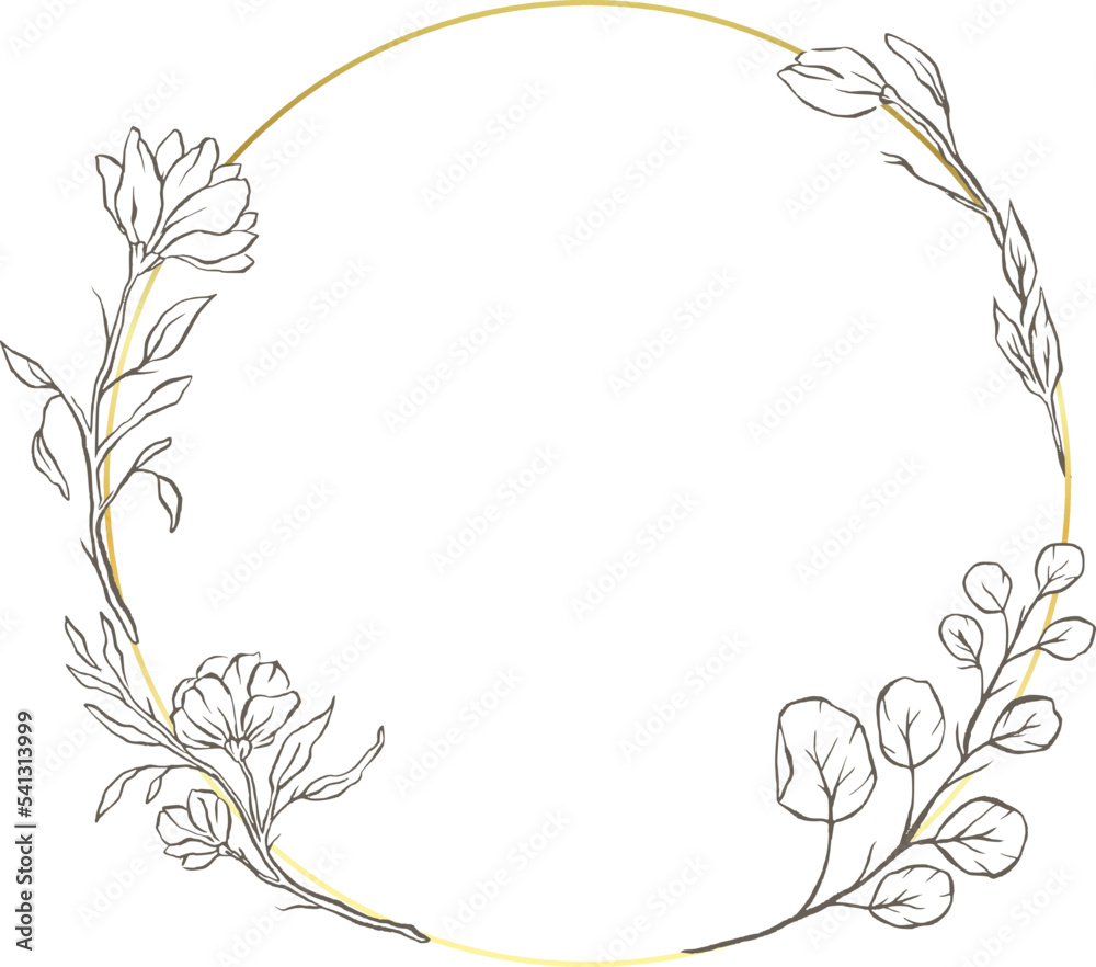 Obraz premium Floral gold vector circle frame flower elegant leaves nature round background 