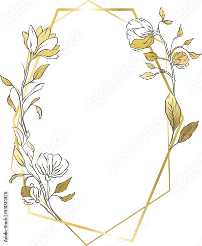 Gold oval frame leaves border, delicate wedding line background