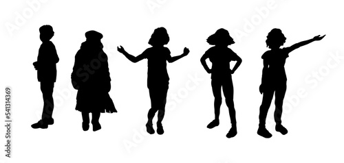 Children silhouettes vector set. Black outline of kids, boys, girls