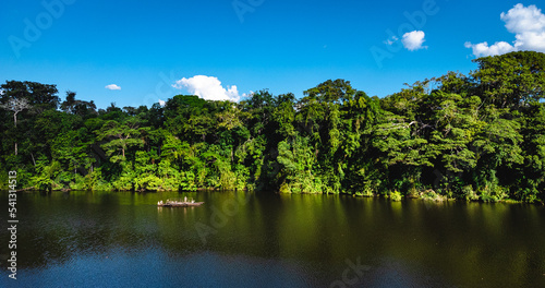 aerial view of a boat sailing throughout the lake in the forest