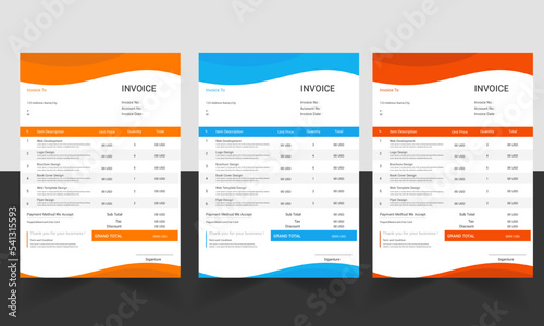 Business invoice form template, Invoicing quotes, money bills or price invoices and payment agreement design templates, Tax form, bill graphic or payment receipt page vector set