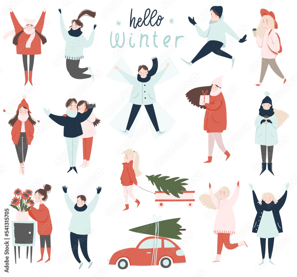 Winter holiday set with people in vector. People prepare for Christmas, jumping, playing, taking selfie, having fun under snow. Stylish cartoon flat illustrations in pastel colors