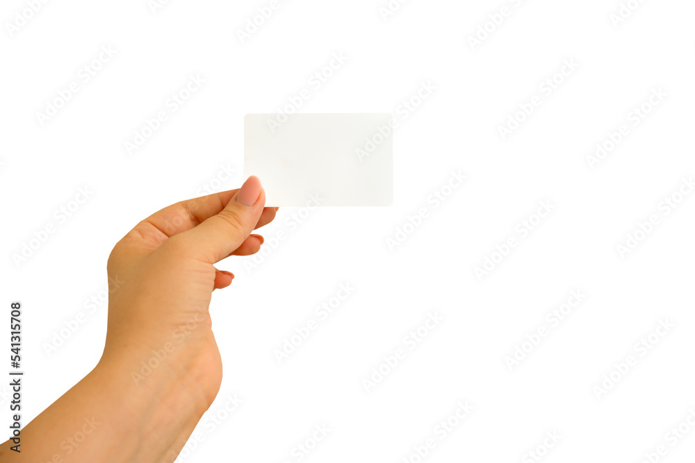 Female hand holding business card isolated on white background Female hand holding business card isolated on white background