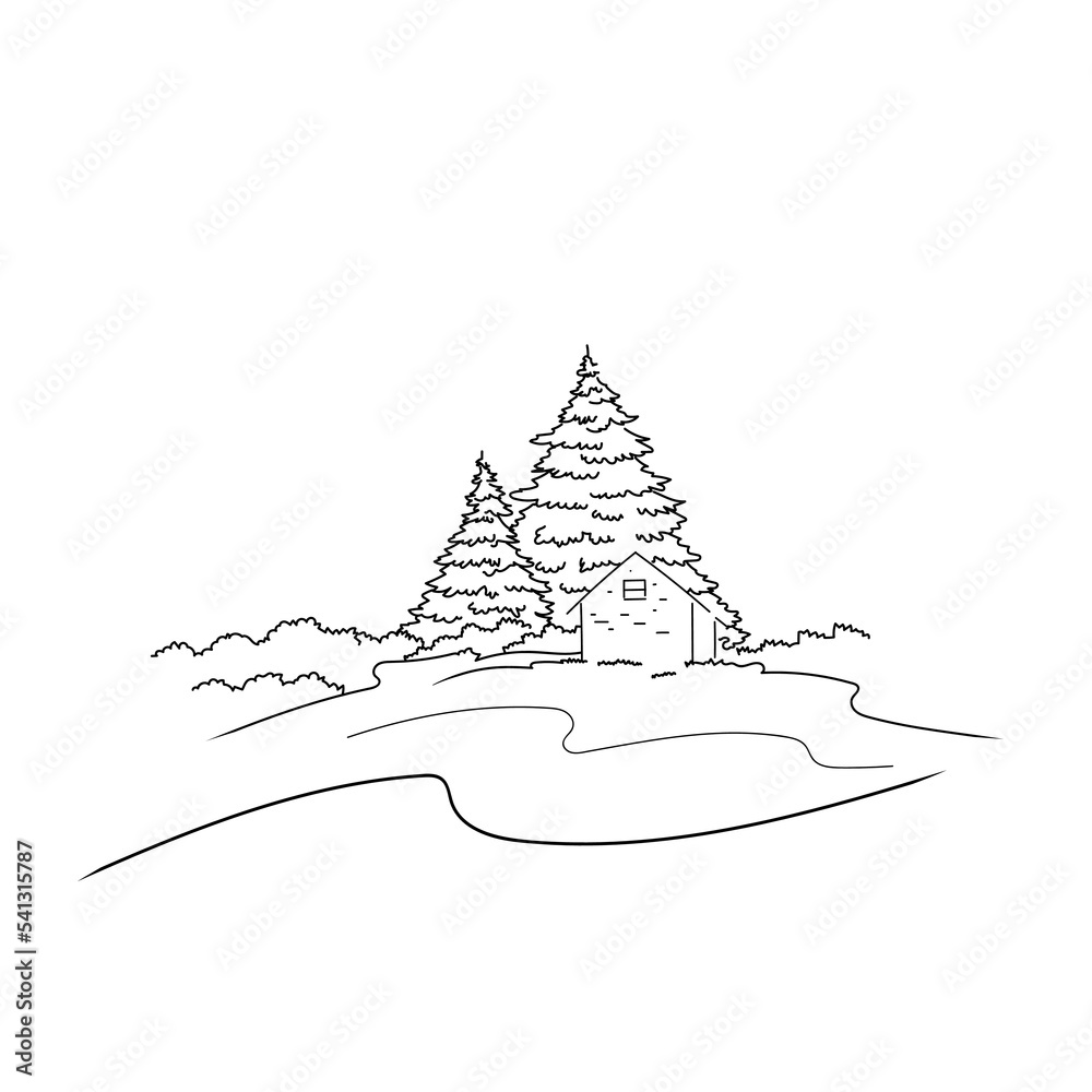 vector illustration linear landscape on white background in minimalist