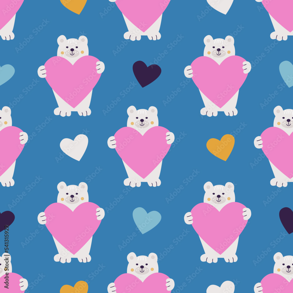 Seamless pattern with cute polar bears holding hearts on blue background. Modern design for fabric and paper, surface textures. Seamless pattern with cute polar bears holding hearts on blue background. Modern design for fabric and paper, surface textures.