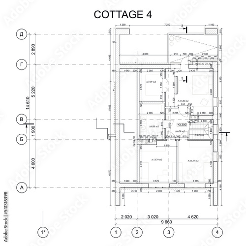 Detailed architectural one story private house blueprints and drawings. Vector illustration