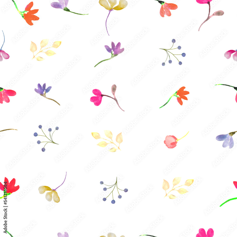 Watercolor gentle seamless pattern with abstract different  flowers, leaves. Hand drawn floral illustration isolated on white background. For packaging,  wrapping  design or print. Vector EPS.